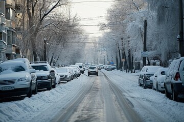 In the midst of an abnormally cold winter, the frozen street exudes an icy atmosphere, capturing the essence of bitter cold weather in a stark urban setting