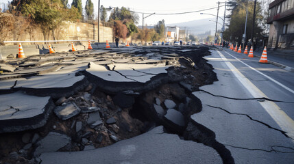 Cracked asphalt layer slides down due to earthquake-