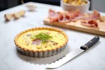 quiche lorraine on a marble countertop with a pie server