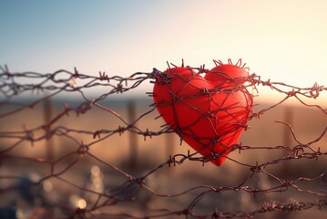Red heart stuck in sharp fencing barbwire. Romantic love emotion trapped boundary. Generate ai