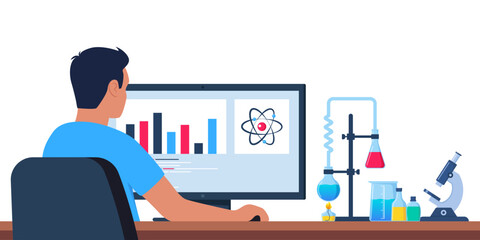 Scientist in chemistry laboratory working on research and exploration. Computer, lab glassware with substance. Lab research, testing, studies in chemistry. Vector illustration.