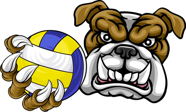 A bulldog dog volleyball animal sports mascot holding a volley ball in his claw