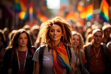 In this vibrant and joyous snapshot, an exuberant crowd marches in the lively and colorful LGBTQ+ parade, celebrating diversity, pride, and equality with infectious energy 