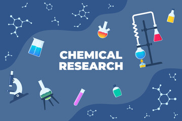 Creative chemical research background. Educational illustration with chemical objects, different glass flasks, vials, test-tubes with substance and reagents. Vector illustration.