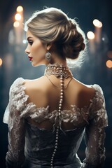 Elegant woman, viewed from behind, dons a timeless antique dress and intricate jewelry, creating a captivating scene for a book cover with a touch of historical allure. - obrazy, fototapety, plakaty