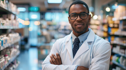 Fototapeta na wymiar Confident male pharmacist in a white coat, standing with his arms crossed in a pharmacy full of medicine shelves.