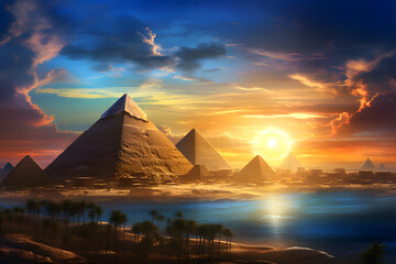egypt pyramids in sunset  - obrazy, fototapety, plakaty