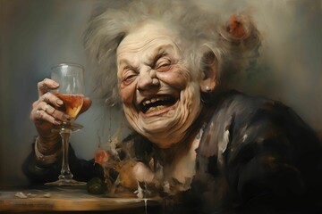 An old lady drinking a glass of wine, grotesque caricatures, oil painting  - obrazy, fototapety, plakaty