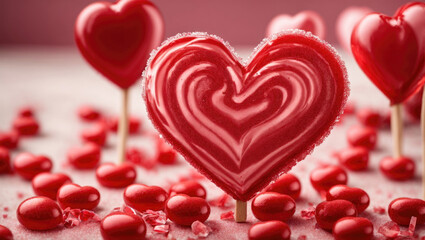 Red heart shaped candies on pink background