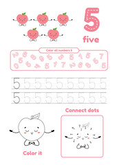 Color page, dot to dot, trace. Learning number 5. Many games on one page for preschool kids.