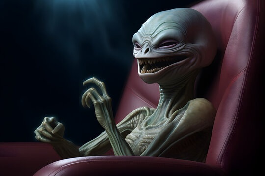 alien sitting in a movie theater chair eating popcorn, laughing