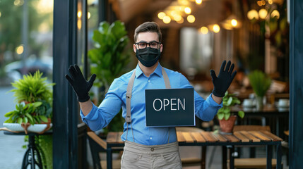 Man with a face mask, wearing a blue shirt, black gloves, and holding a sign that says "OPEN" in front of a restaurant setting with outdoor seating.