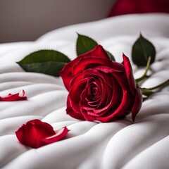 Rose and Petals on white bed in hotel room. Decorative elements for interiors