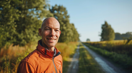 Middle-aged man smiling at the camera, outdoors during daylight with soft focus on a nature background.
