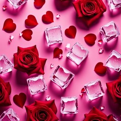 The falling ice cubes are surrounded by red rose petals and hearts on a light pink background