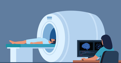 Doctor looking at results of patient brain scan on the monitor screens in front of MRI machine with patient lying down. Flat vector illustration.