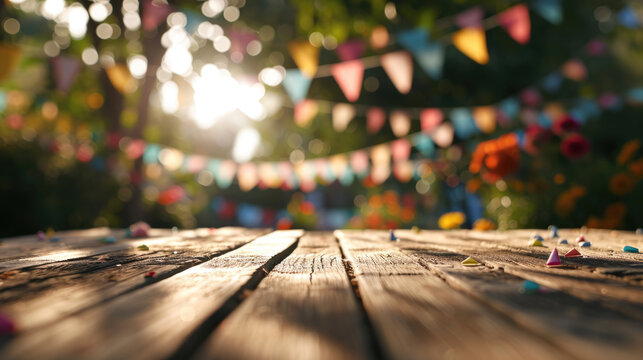 Wooden Table Scattered With Colorful Confetti And Sprinkles, With A Blurred Background