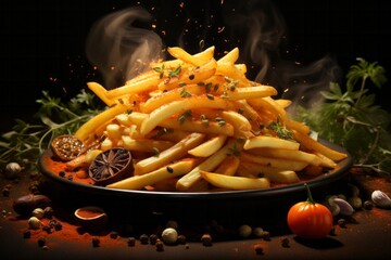 French Fries Icon Surrounded by Flavorful Spices, on an isolated Spicy Sensation background, Generative AI