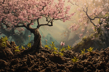 A representation of Spring, gently coaxing plants to grow, with a backdrop of cherry blossoms. - obrazy, fototapety, plakaty