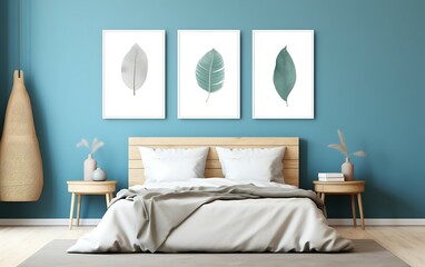Bright blue Scandinavian bedroom with three vertical frames and mockup