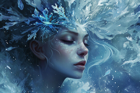 Winter, illustrated as a mystical figure, with a crystalline crown and a cool, peaceful demeanor.