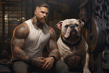Muscular, tattooed man with his robust and strong bulldog in a gym environment