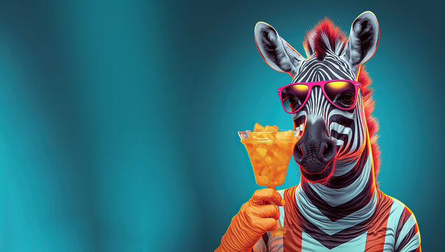 A chilled out zebra with shades sipping mocktel