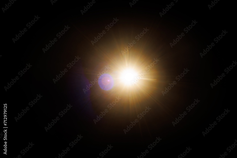 Poster Easy to add lens flare effects for overlay designs or screen blending mode to make high-quality images. Abstract sun burst, digital flare, iridescent glare over black background.