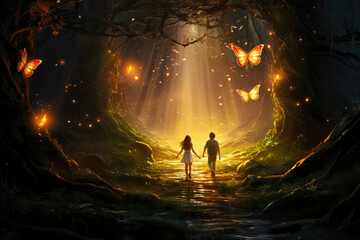 A couple in love walks on a romantic date in a magical forest full of mysteries and mysticism. - obrazy, fototapety, plakaty