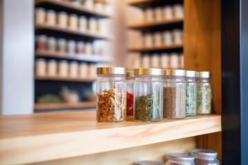 rows of exotic tea leaves in clear jars on wooden shelves