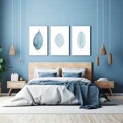 Bright blue Scandinavian bedroom with three vertical frames and mockup