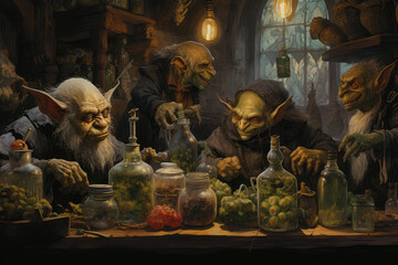 
Illustration of a goblin market, with various goblins trading magical items and potions - obrazy, fototapety, plakaty