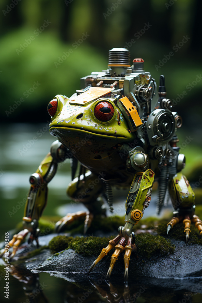 Poster an image of a biobot with amphibian characteristics, capable of living both in water and on land.