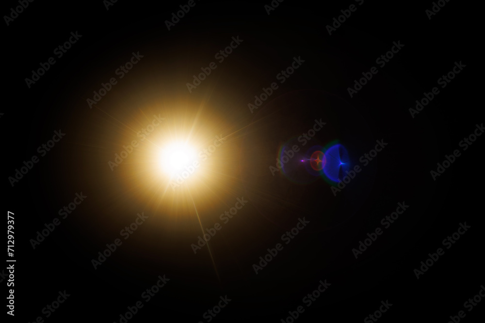 Poster Easy to add lens flare effects for overlay designs or screen blending mode to make high-quality images. Abstract sun burst, digital flare, iridescent glare over black background.