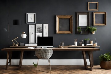 Within a contemporary workspace, a sizable empty frame on a charcoal gray wall creates a dynamic visual focal point, inspiring creativity.
