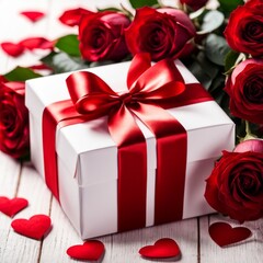 A white gift box with a red bow is framed by red roses and bokeh. Happy Valentine's Day, Mother's Day, 8 March, and Women's Day
