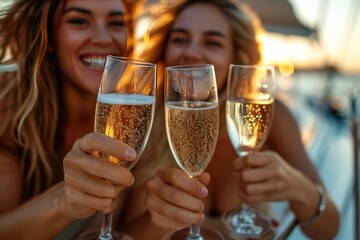 Close-up of female hands holding glasses of champagne and clinking them with each other. Generative Ai.