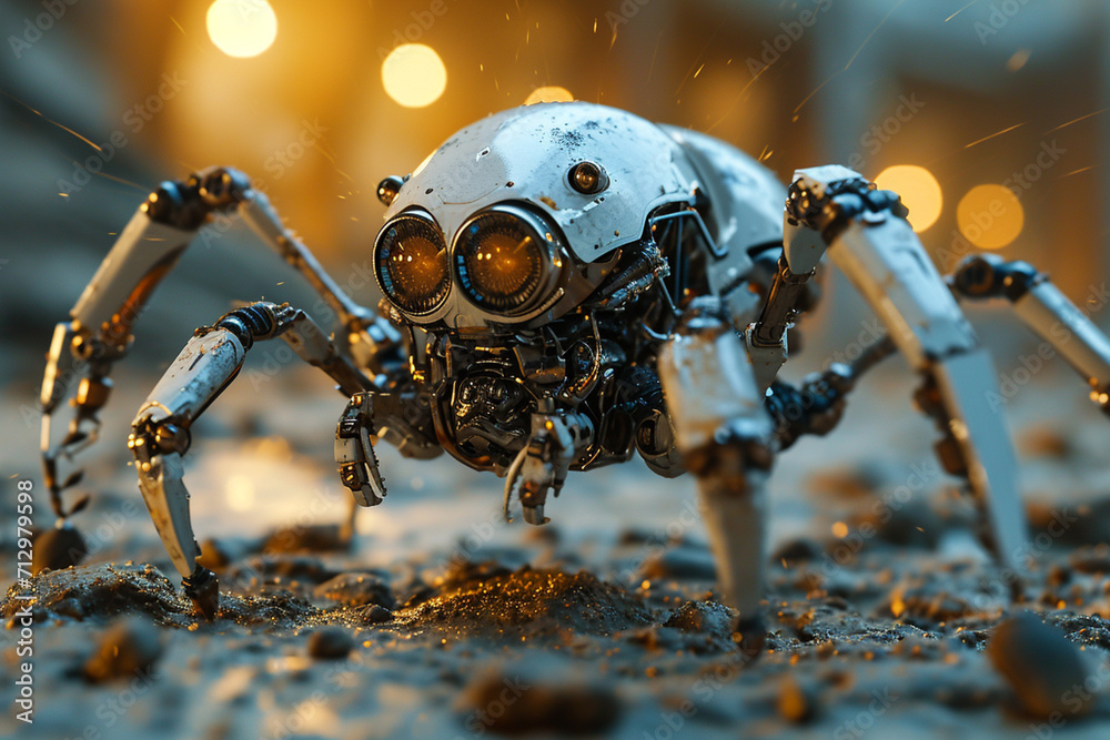 Poster An image of a biobot resembling a spider, capable of intricate construction and repair tasks.