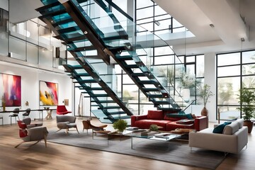 A floating glass staircase leading to a mezzanine, enhancing the open and airy feel of a modern living room with a vibrant color scheme. - obrazy, fototapety, plakaty