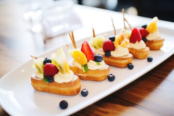 row of eclairs with piped cream and fruit garnish