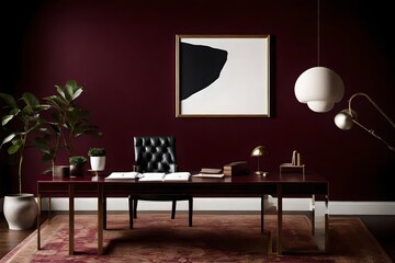 A sophisticated office environment featuring a solitary blank frame against a deep burgundy wall, blending modern aesthetics with timeless elegance.