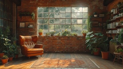 living room with a big window and plants. Generative Ai.
