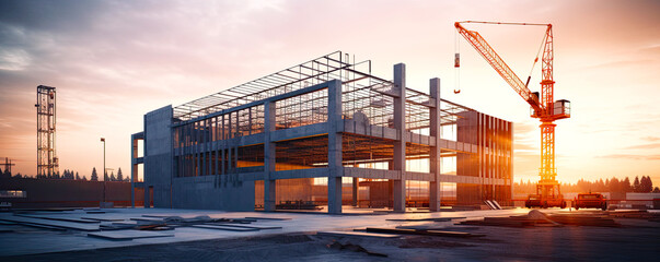 Concrete and steel construction of unfinished new building development. Postproducted generative AI illustration.