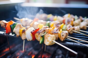 close-up of marinated chicken skewers on a grill
