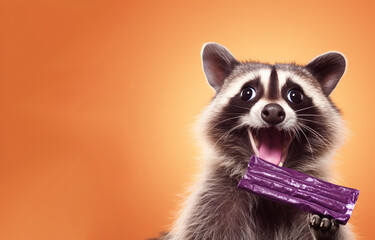 A comical raccoon making funny faces enjoing candy bars