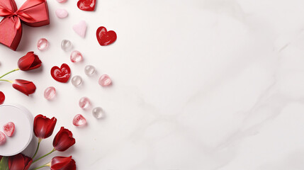 Romantic Valentine's Day Background with Hearts, Flowers, and Gifts on White Surface - Top View Love Celebration Concept with Copy Space for Greeting Cards and Promotions.