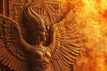 An artistic rendering of the Zoroastrian Faravahar, set against a fiery background.