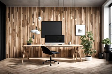 A sleek workspace with a single large empty frame hanging on a modern wooden panel, blending simplicity with natural elements.