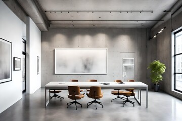 Within a sleek office, a large white frame stands out against a polished concrete wall, merging industrial aesthetics with modern simplicity.