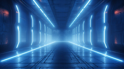 blue glowing laser lights in concrete alien sci fi futuristic empty tunnel 3D Illustration